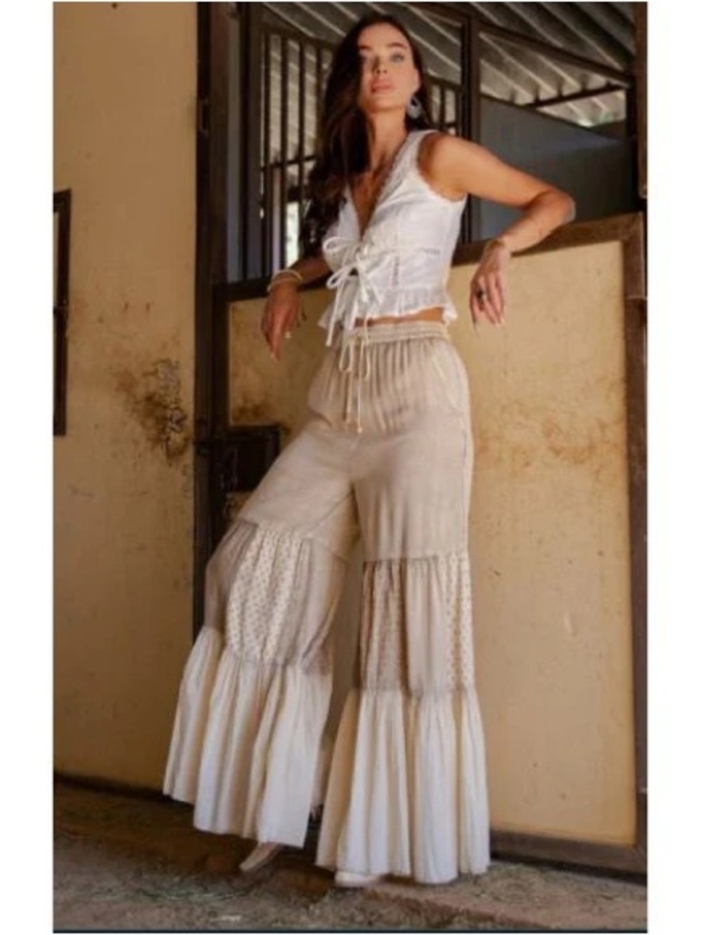 BRAND NEW WITH TAGS Latte Boho Tiered Wide-Leg Patchwork Pants